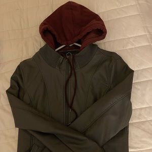 Grey leather jacket with maroon hoodie